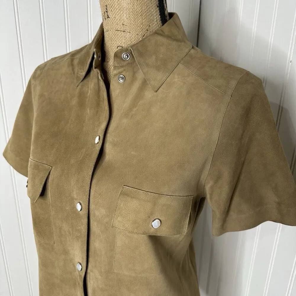 Michael Kors Brown Suede Top Sz S? Pearl‎ Snap Short Sleeve Italy Quiet Luxury